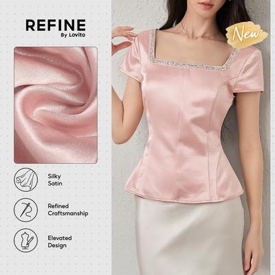 (New Arrival) (Refine by Lovito)Áo công sở satin sequin bóng cao chi tiết ghép vải tinh tế áo nữ hồng nhạt xuân hè BLR42P1D065
