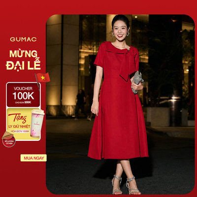 Đầm Nữ GUMAC Form Xòe Cổ Xếp Cánh Nơ Đính Nút Kim Loại Chất Tuyết Mưa Sang Trọng DF12005