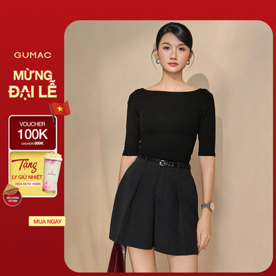 Quần short nữ GUMAC lưng liền họa tiết sọc chiết ly vải mềm mịn trẻ trung  SHF05018