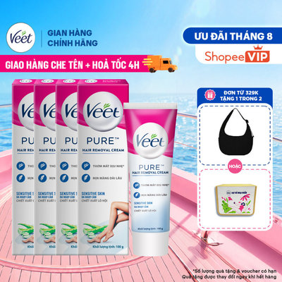 [HỎA TỐC 4H] Combo 4 Kem tẩy lông Veet Pure cho da nhạy cảm, hộp lớn 100g tiết kiệm, công thức Pure cải tiến