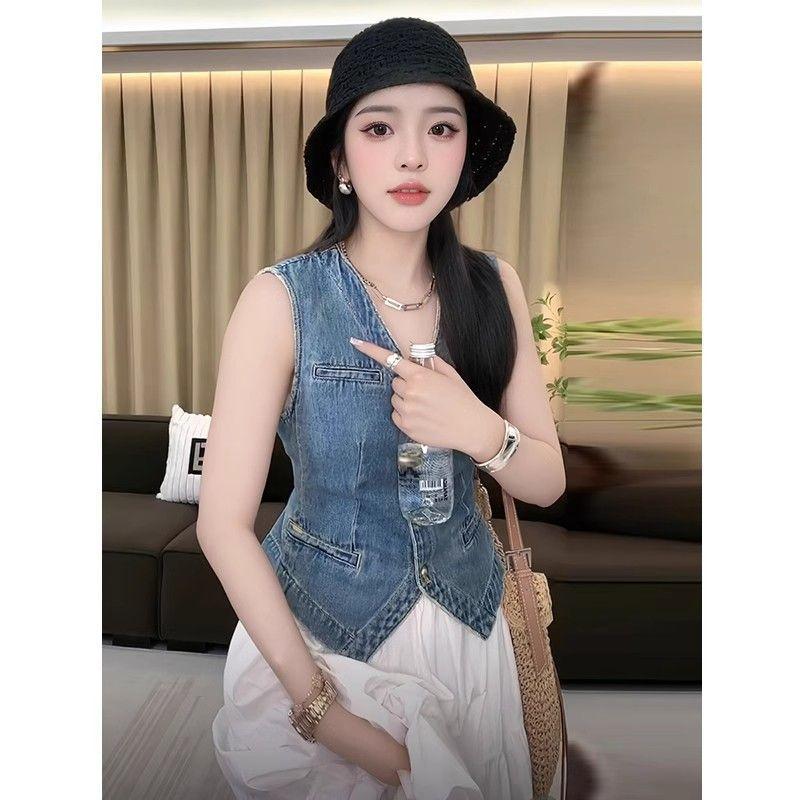 [Giảm giá trong thời gian có hạn] Áo vest Denim không tay cổ chữ v của Mỹ Mặc bên ngoài thon gọn hơn Thiết kế mùa hè Cảm giác phù hợp