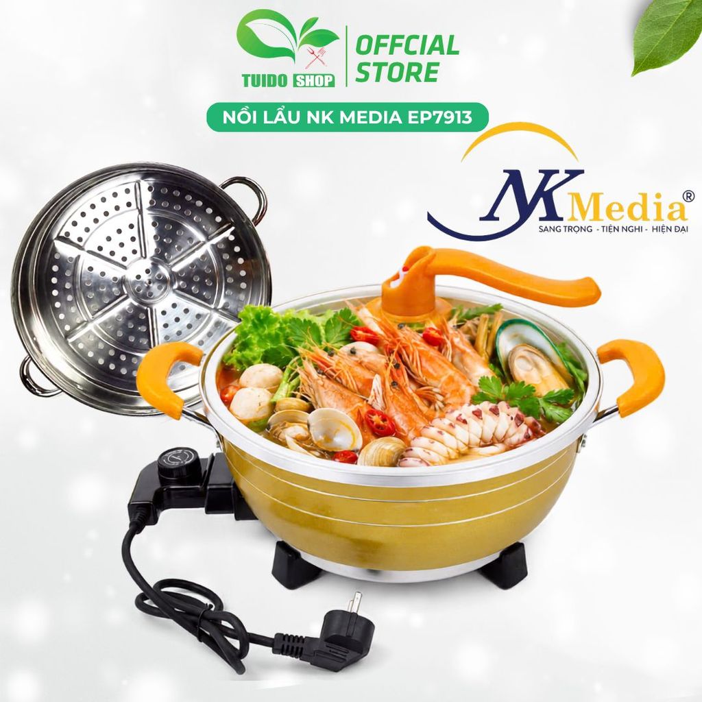 Nổi Lẩu Điện Đa Năng NK MEDIA - EP7913 Tặng Kèm Vỉ Hấp, Công Suất 1500W - TUIDO SHOP