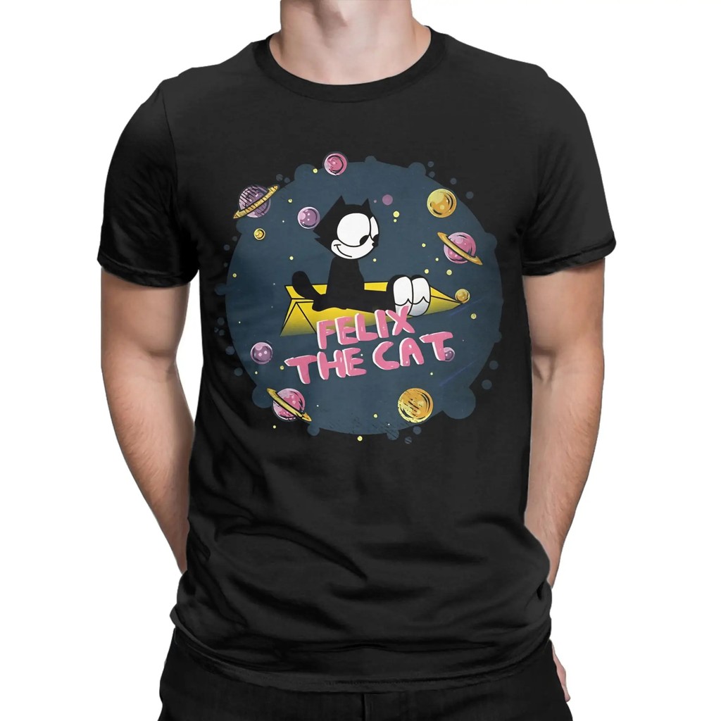 [Truyền nhiệt mực trắng] felix Cat felix In họa tiết hoạt hình cho nam Áo thun ngắn tay cổ tròn 100%