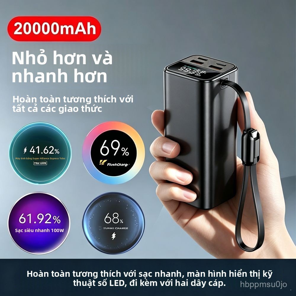 Sạc dự phòng 20000mAh 100W sạc nhanh kèm dây cho máy bay, chính hãng bền đẹp