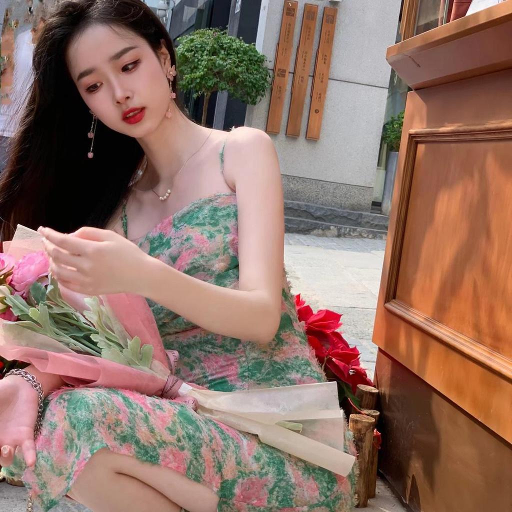 Mist Lover Gentle Pure Desire Sling Dress Cardigan Bộ đồ hai mảnh Slim-fit White Slit
