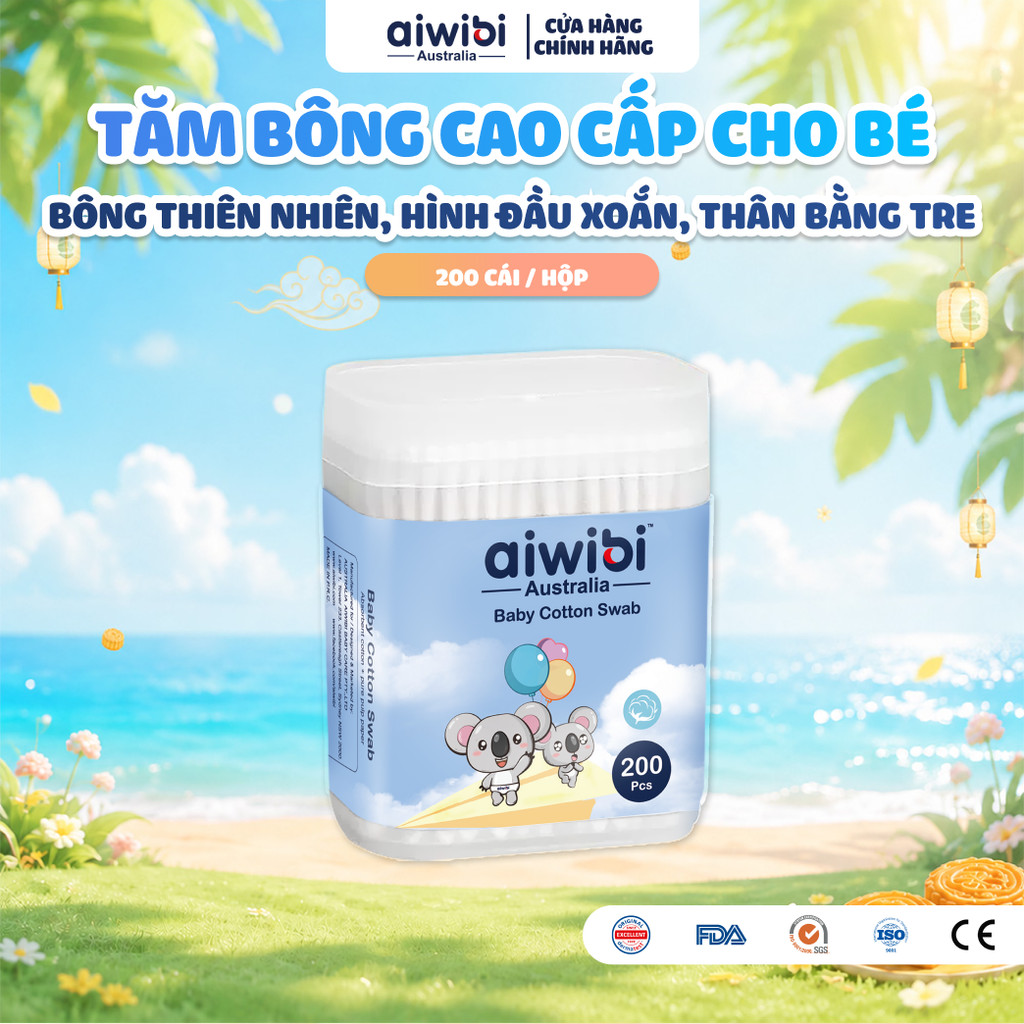 Tăm Bông Aiwibi Cao Cấp Cho Bé, Mềm Mịn, Thân Giấy Linh Hoạt, 100% Bông Thiên Nhiên - 200 Cái/Hộp