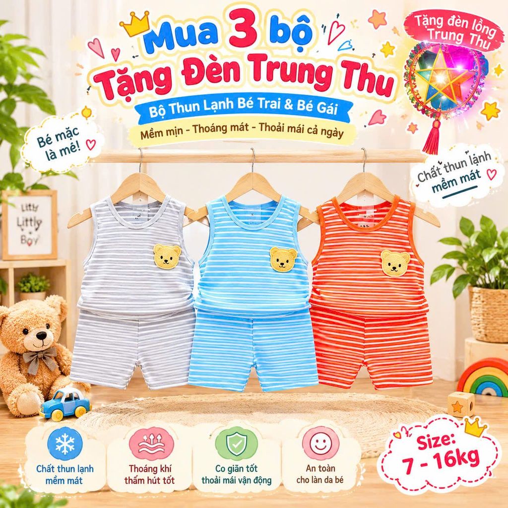 Bộ thun lạnh ba lỗ cho bé trai và bé gái ba lỗ sọc mềm mát 6-16kg chất đẹp , bộ ba lỗ bé trai