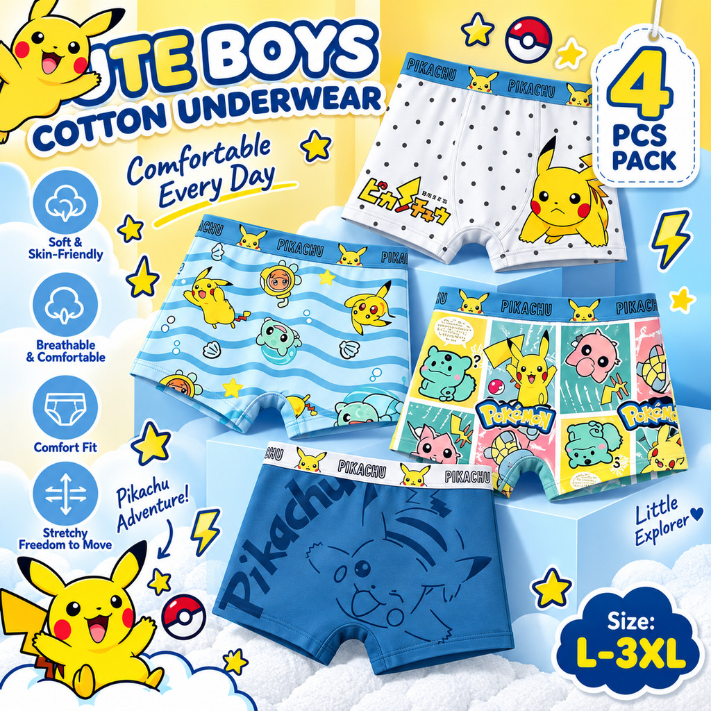 [Ưu đãi đặc biệt 4 gói] Quần lót Boxer hoạt hình bé trai Trẻ em Thoải mái thoáng khí Trẻ em Boxers cho bé