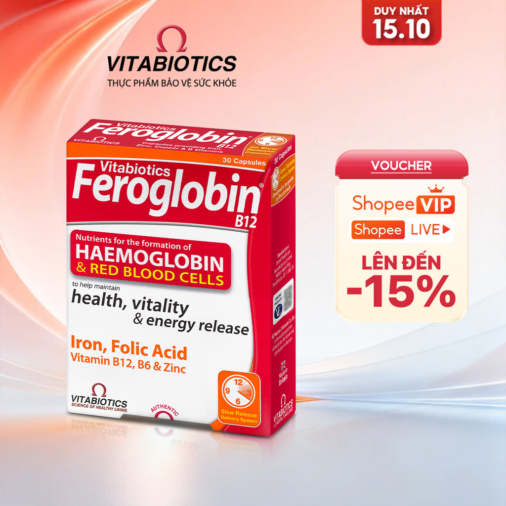 TPBVSK Vitabiotics FEROGLOBIN B12 Capsules Bổ Sung Sắt, Kẽm, Axit Folic, B6 Hỗ Trợ Tăng Khả Năng Tạo Máu, 30 Viên