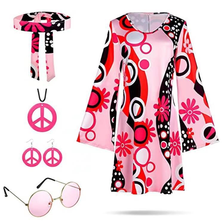 Trang phục Halloween style hippie thập niên 70-80 cho nữ, kèm khăn trùm đầu in hình