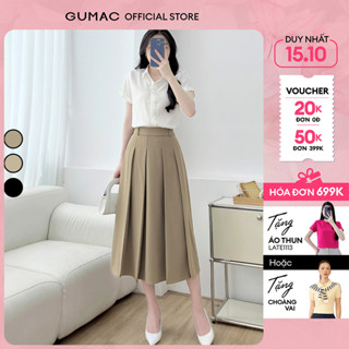 Chân váy nữ A midi dáng dài  xếp ly màu nâu - đen thanh lịch công sở thời trang GUMAC LVE0805