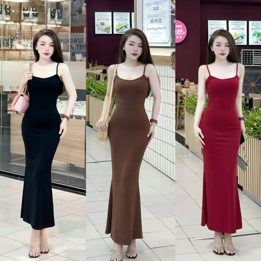 H901y Đầm Body 2 Dây Dáng Dài Đuôi Cá Váy Body Nữ Len Gân Tăm Mềm Mịn Mát Tôn Dáng Sexy Size Dưới 53kg | BigBuy360 - bigbuy360.vn