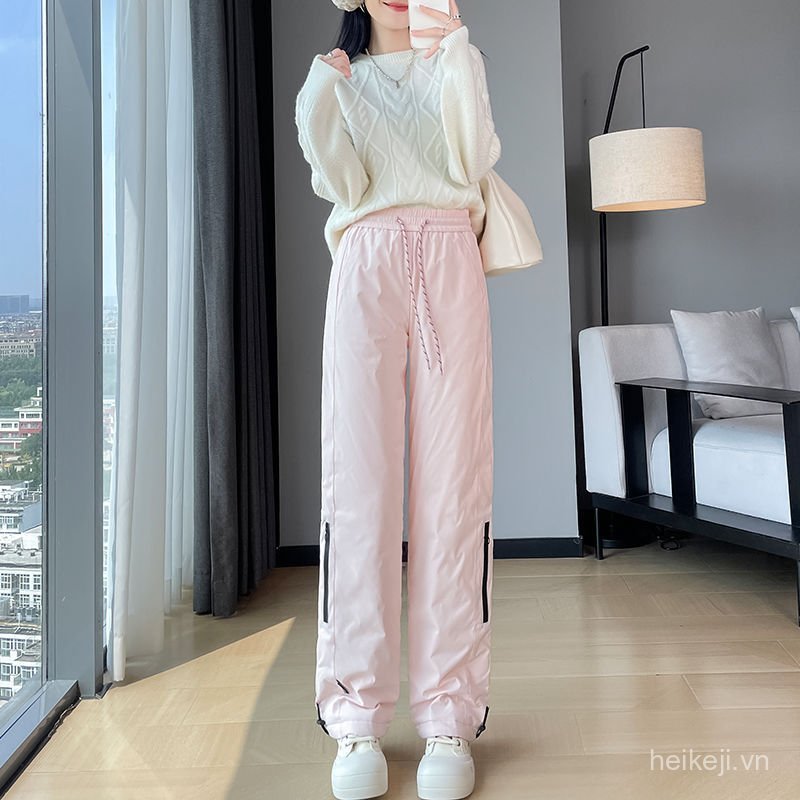 Winter Fleece-Lined Women's Pants Windproof Pants White Pants Straight-Leg Sports Pants Women's Carg
