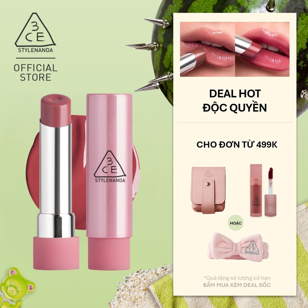 Son Bóng 3CE Glazy Lip Glow Dưỡng Môi Căng Mọng, Mềm Mịn, Lên Màu Chuẩn Sắc, Không Bết Dính, Tự Nhiên