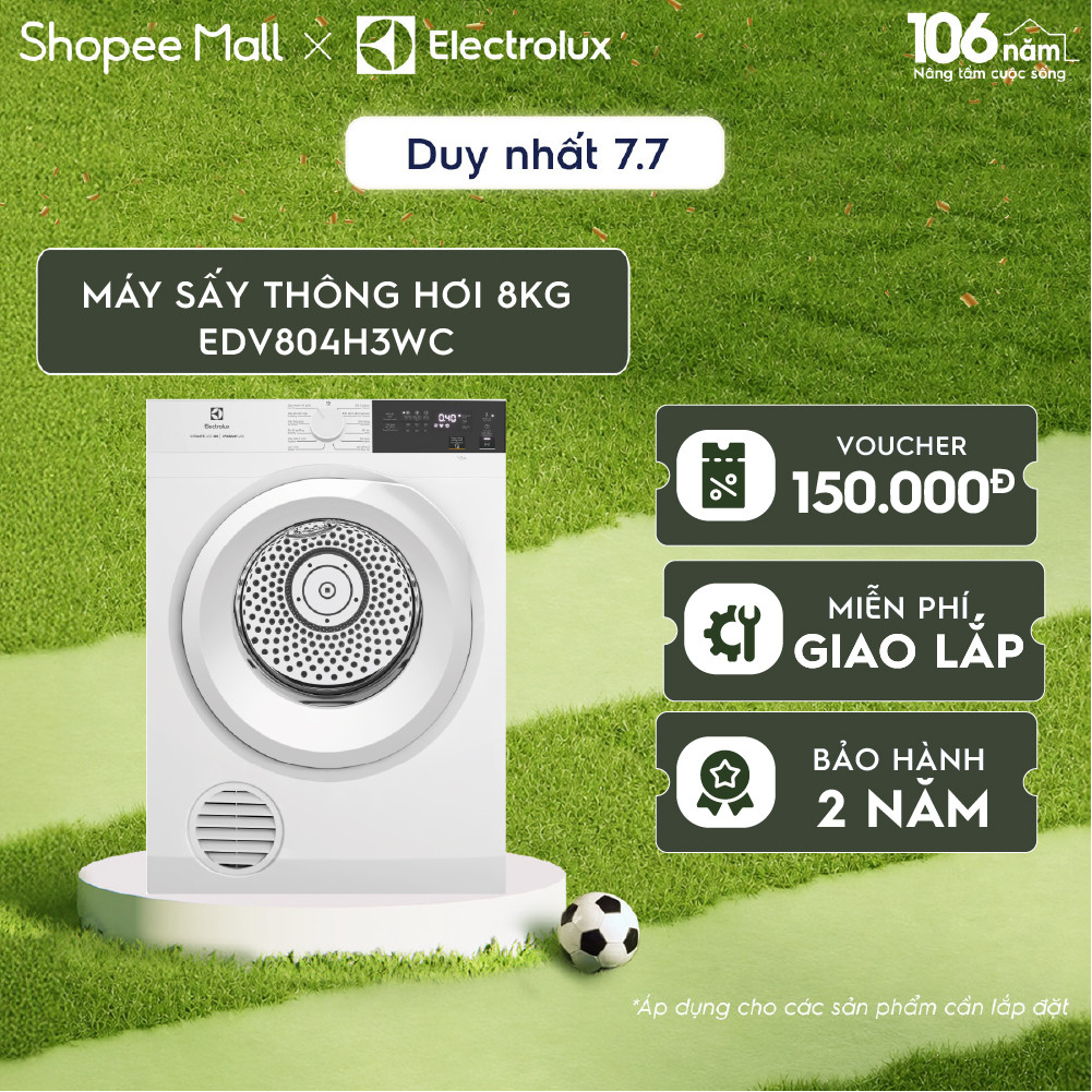 Free giao lắp - Máy sấy thông hơi 8KG Electrolux EDV804H3WC - sấy đảo chiều chống nhăn, diệt khuẩn, bền màu
