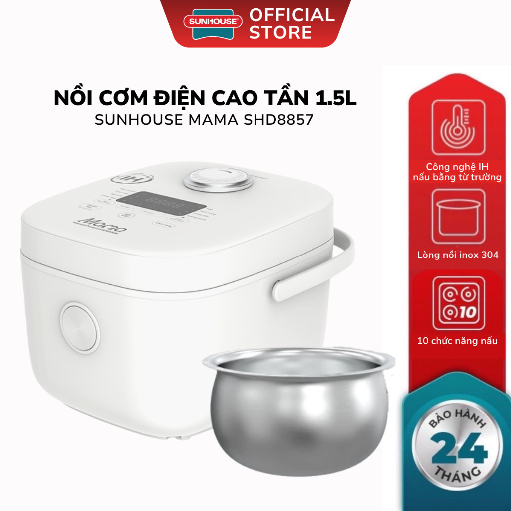 Nồi Cơm Điện Cao Tần 1,5L Sunhouse Mama SHD8857 - Bảo Hành 24 Tháng, Lòng Nồi Dạng Niêu Inox 304