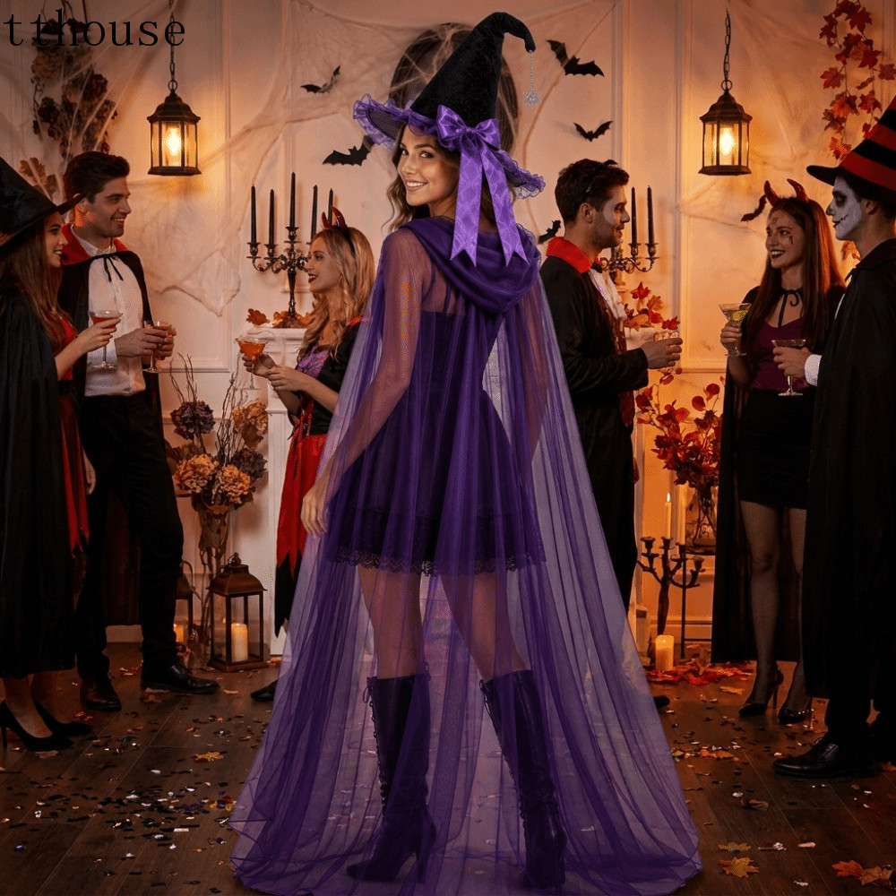 TTHOUSE Halloween Mũ Phù Thủy Bộ Áo Khoác, Nhập Vai Có Mũ Lưới Mũ Phù Thủy Có Mũ Trùm Đầu Áo Khoác, 