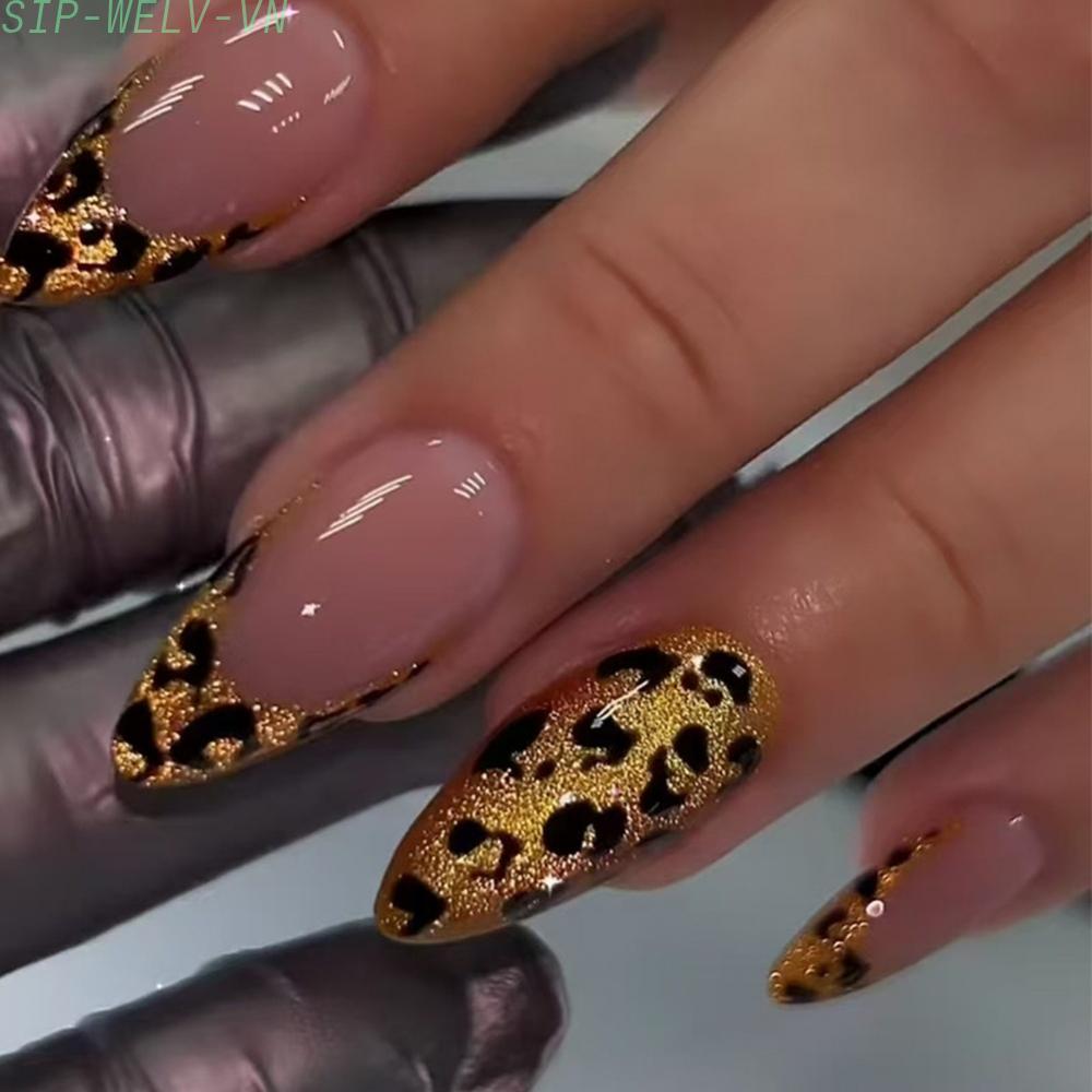 {WELV}24Pcs Gold Leopard Print Press On Nails Reusable False Nails Glue On Fake Nails
