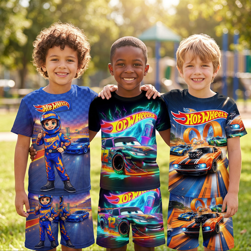 ((7 Chọn 1) Hot Wheels Hot Wheels Trẻ Em In Hình Bộ Đồ Ngắn Tay Bé Trai Đua Xe Thường Ngày Anime Top