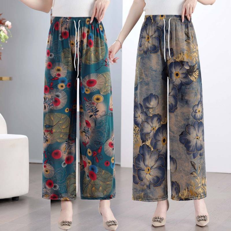 Summer Thin Middle-Aged and Elderly Women's Pants Wide-Leg Pants Loose Large Size Mother Colorful Pa