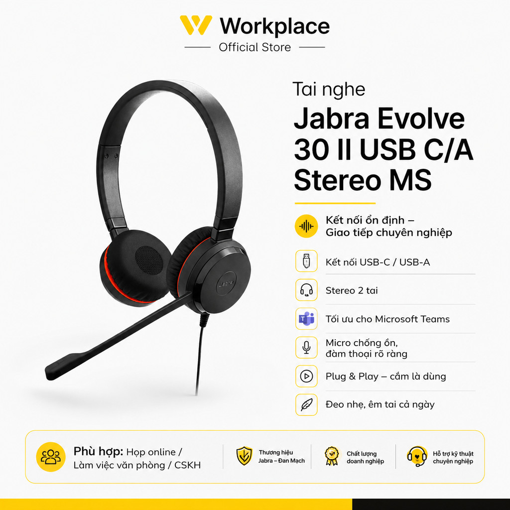 Jabra Evolve 30 II MS Stereo (USB-A/C) - Hàng Chính Hãng