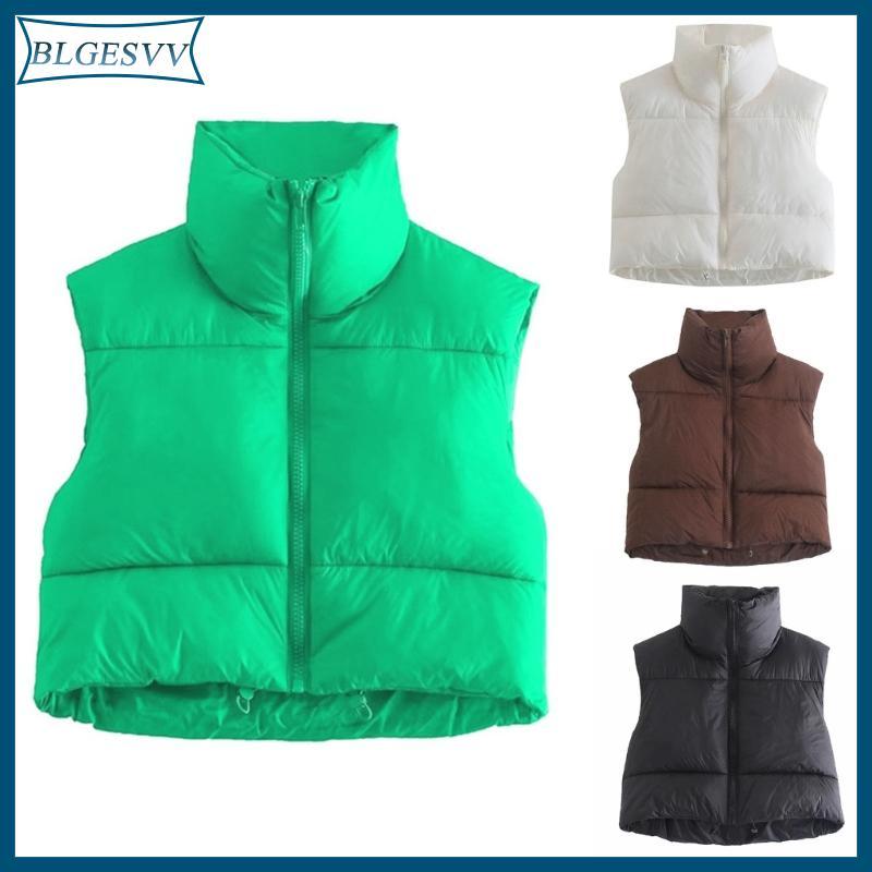 Blg Nữ Mùa Đông Crop Vest Không Tay Ấm Áp Áo Khoác Ngoài Puffer Vest Đệm Gilet