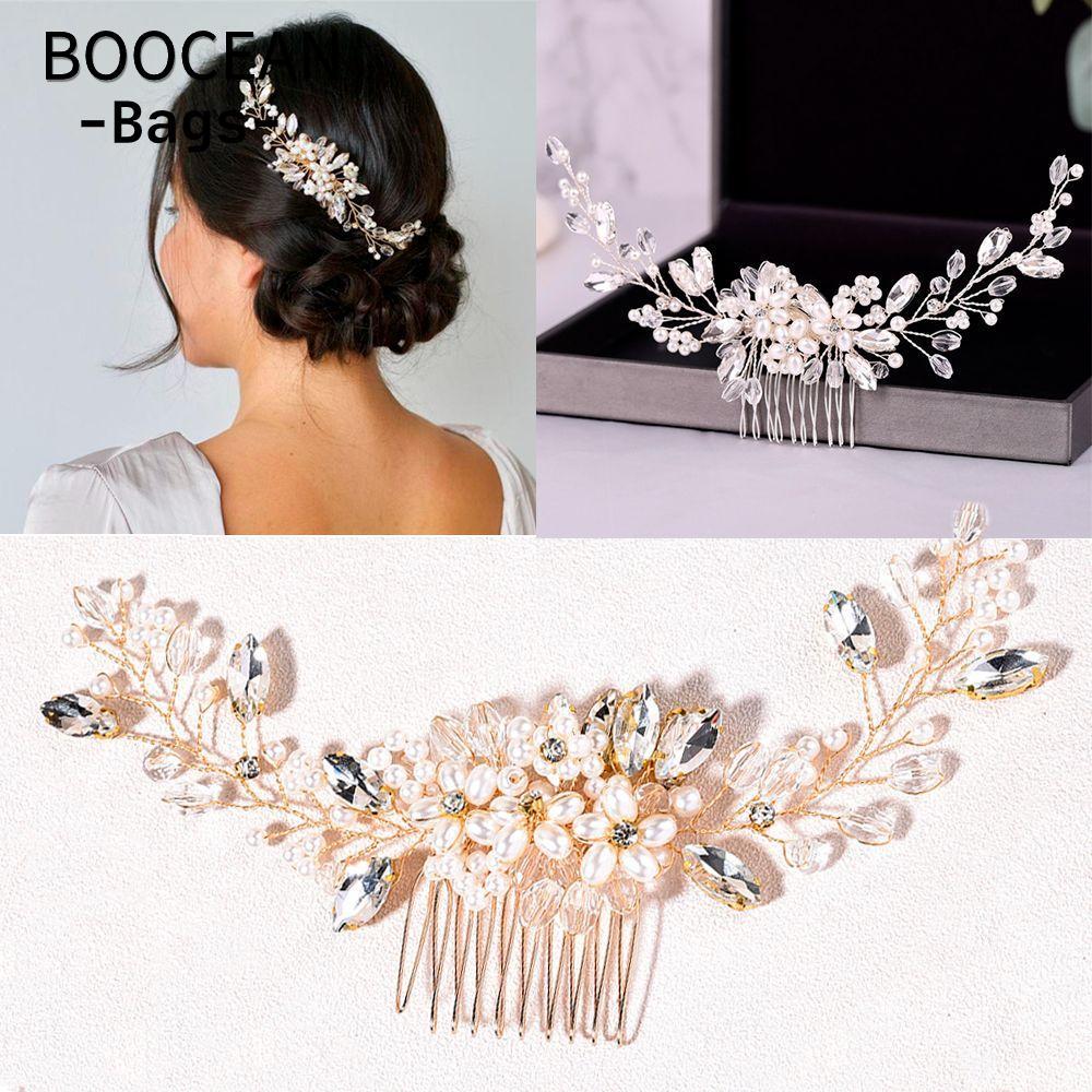 Lược chải tóc hoa BOOCEAN Vàng bạc Cô dâu Trang sức tóc Kim cương giả Kẹp hoa sáng bóng