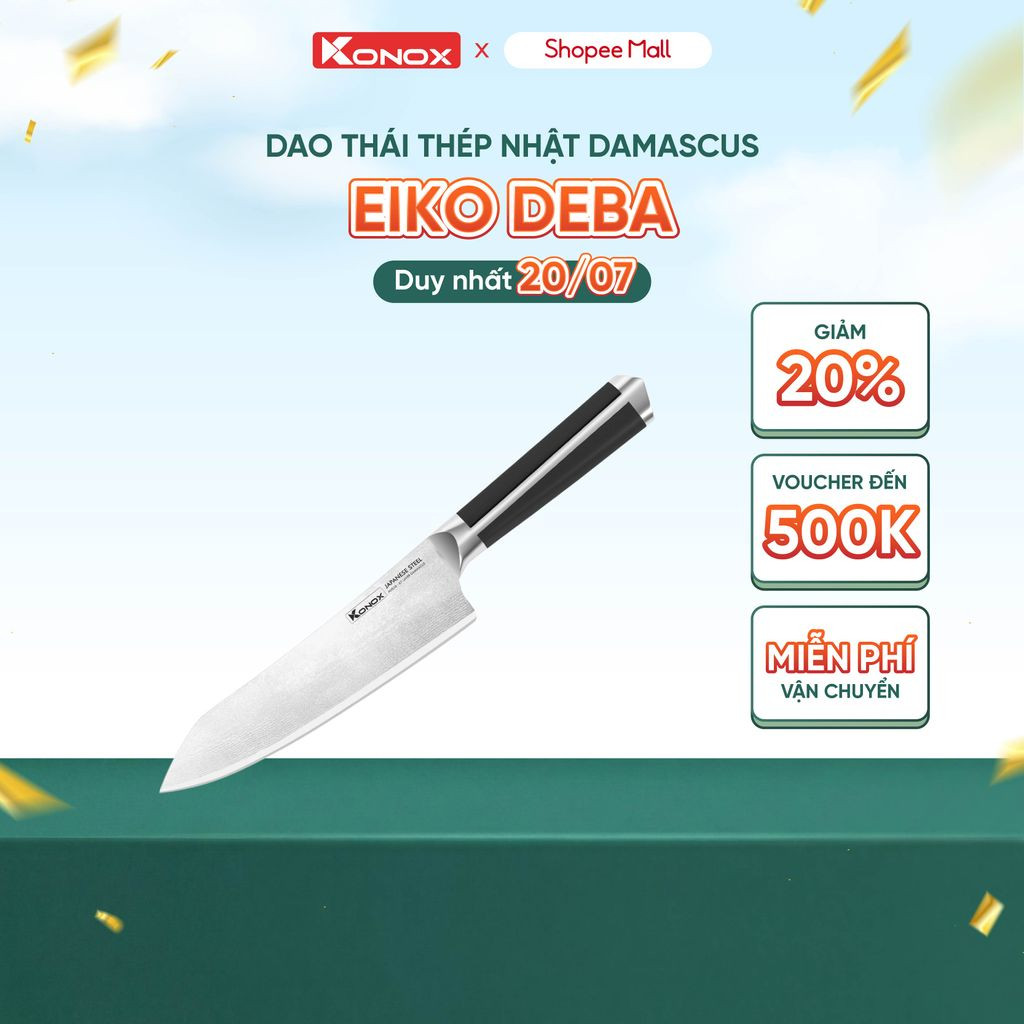 Dao thép Nhật Damascus 67 lớp Konox Eiko Series 7″ Deba Knife