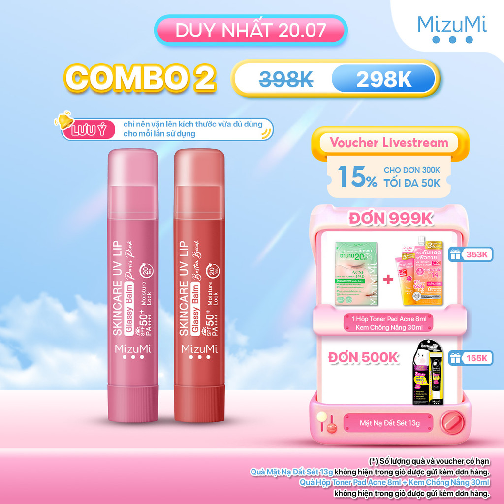 Combo 2 Son dưỡng môi chống nắng MizuMi UV Lip Glassy Balm 3.5g