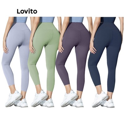 (Phong cách thường ngày) Lovito Quần Legging Cao Màu Trơn Thời Trang Mùa Hè Thể Thao Lưng