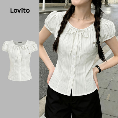 Lovito Áo sơ mi nữ trắng dáng rộng phong cách xuân/hè họa tiết cúc áo LK6AD207