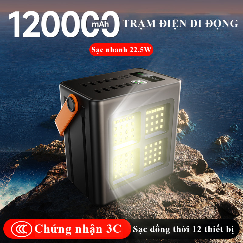 Trạm Sạc Dự Phòng Năng Lượng Mặt Trời 120000mAh Có 3C 12 Cổng Sạc PD 22.5W Sạc Nhanh Đèn LED Siêu Sá