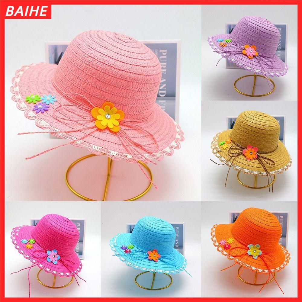 Mũ Rơm BAIHE, Mũ Chống Nắng 3-7Year Handmade, Trang Trí Hoa Ngọt Ngào Viền Rộng Tấm Che Nắng Mùa Hè