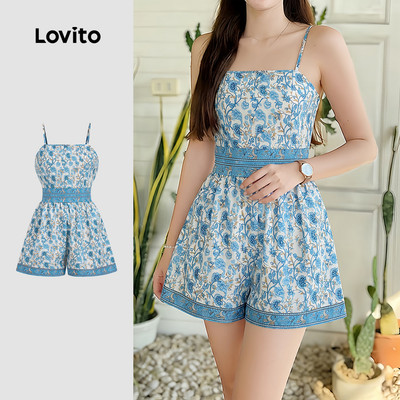 (New Arrival) Lovito Bộ liền nữ phong cách Bohemian in hoa kiểu dáng nghỉ dưỡng mang nét dân tộc mùa Xuân/Hè LK5EDD156