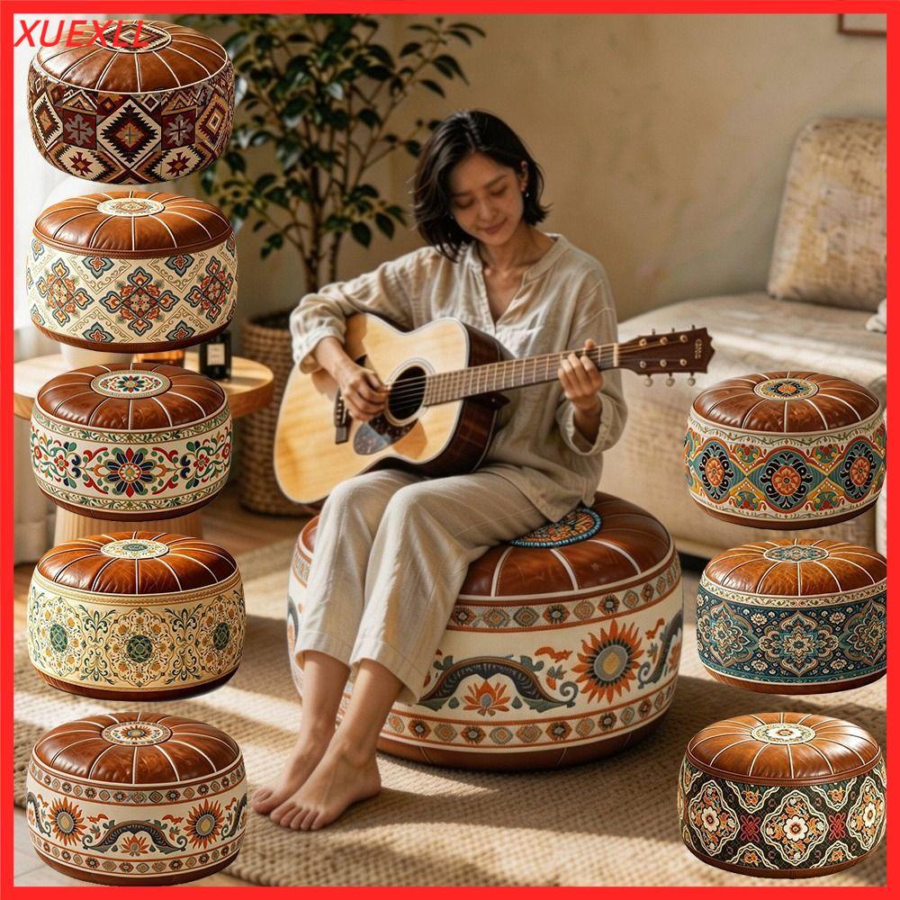 XUEXII Ghế đẩu Ottoman tròn, Vỏ bọc ghế chân bằng da PU, Phong cách cổ điển Hình tròn hình học hình 