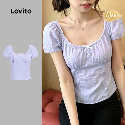 (New Arrival) Lovito Áo blouse nữ màu tím nhạt dáng thường ngày cổ tay có nút chi tiết ren phù hợp mùa xuân/hè L200AD027