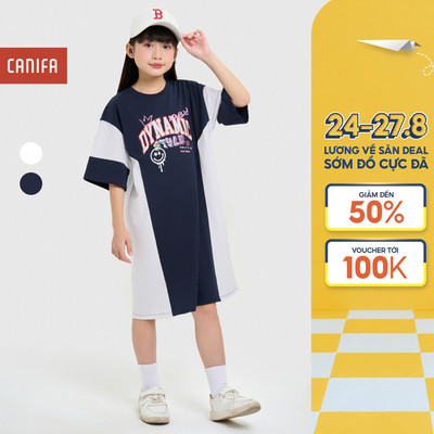 Váy liền bé gái CANIFA cộc tay cổ tròn có hình in 1DS25C002