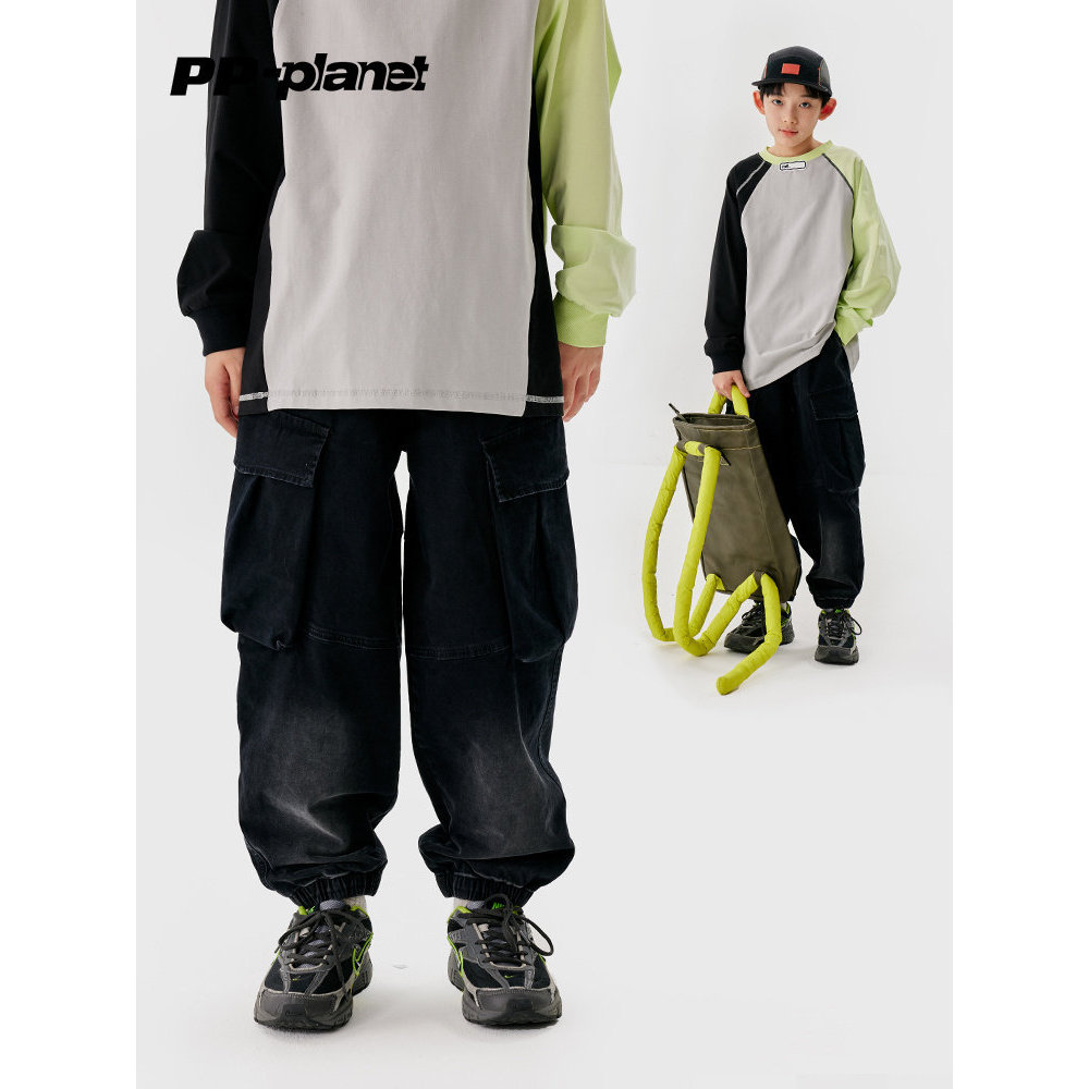 PP Planet Boys Thời Trang Thắt Lưng-Dye Túi Lớn Quần Xuân Thu Phong Cách Quần Trung Lớn Trẻ Em Loose