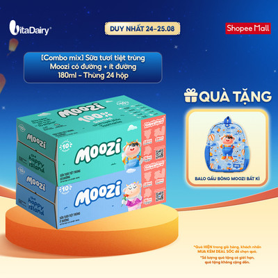 [Combo mix] Sữa tươi tiệt trùng Moozi có đường + ít đường 180ml