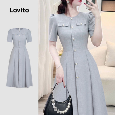 Đầm nữ Lovito xanh dương xuân hè túi giả nút trước thanh lịch L182LD046