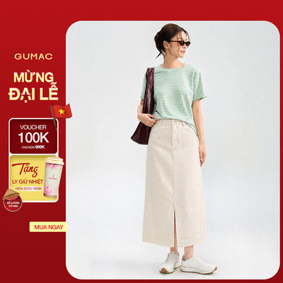 Chân váy jeans nữ Gmorning - GUMAC A màu be xẻ trước có túi  YVJF08026