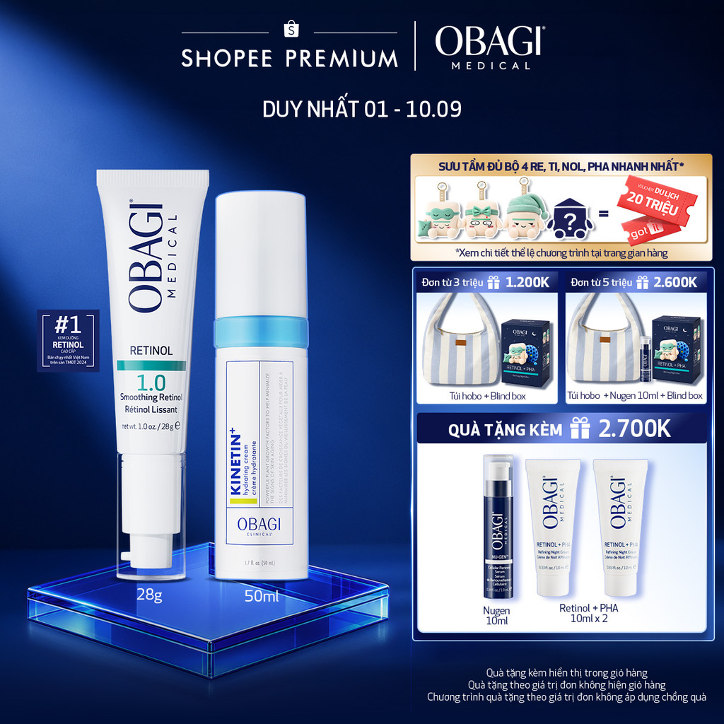 Bộ đôi Kem Dưỡng Đêm Obagi Retinol 1.0 (28g) và Kem dưỡng phục hồi Obagi Clinical Kinetin+ Hydrating