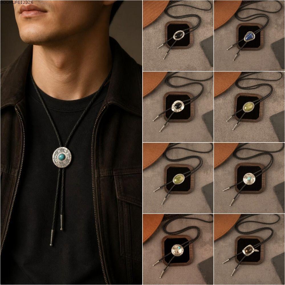 BOOMLIFE1232T Tây Bolo Tie, Đĩa Tròn Mặt Dây Chuyền Đá Bolo Tie Set, Vintage Phong Cách Cá Tính Bolo