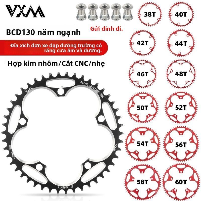 Đĩa xe đạp đường trường VXM 130BCD 5 lỗ, đĩa đơn răng âm dương 48T 52T 56T 58T 60T, nhôm bền đẹp