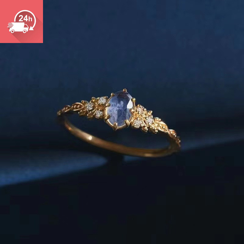 Bộ nhẫn Openwork phong cách Nhật Bản với Iolite tự nhiên, Tourmaline và Zircon