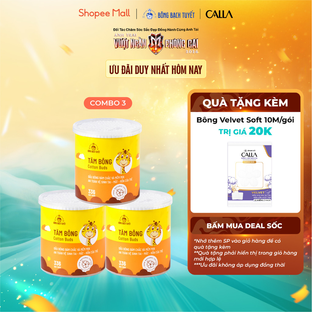Combo 3 Hộp Tăm bông trẻ em Bông Bạch Tuyết (336 que/hộp tròn)