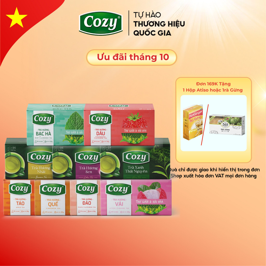 Trà Túi Lọc Cozy Các Vị, Trà Ô Long, Xanh, Nhài, Gừng, Hồng Trà, Sen, Đào, Dâu, Vải, Quế, Bạc Hà