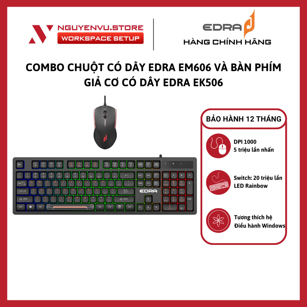 Combo Chuột có dây EDRA EM606 và Bàn phím giả cơ có dây EDRA EK506 - Hàng Chính Hãng