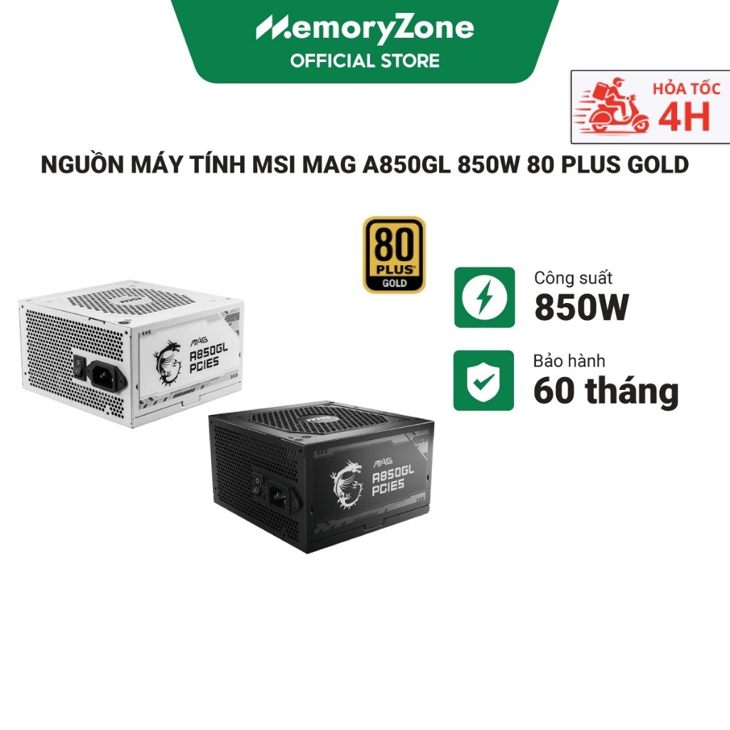 Nguồn máy tính MSI MAG A850GL PCIE5 BLACK / WHITE 850W 80 Plus Gold -  Bảo hành 60 tháng