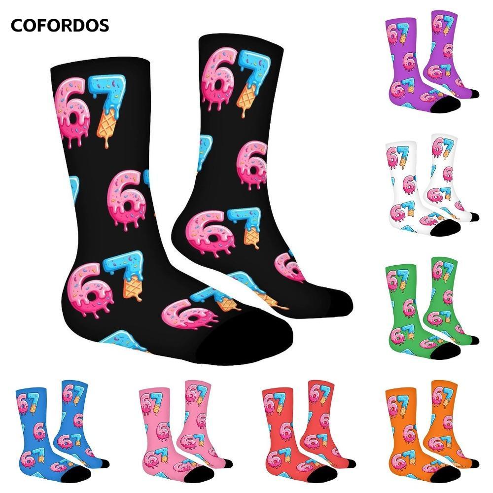 COFORDOS 67 Meme Kem Tất, Cotton Thoáng Khí 67 Meme Crew Tất Dài, Hoạt Hình Vui Nhộn Ấm Áp Nhẹ Sáng 